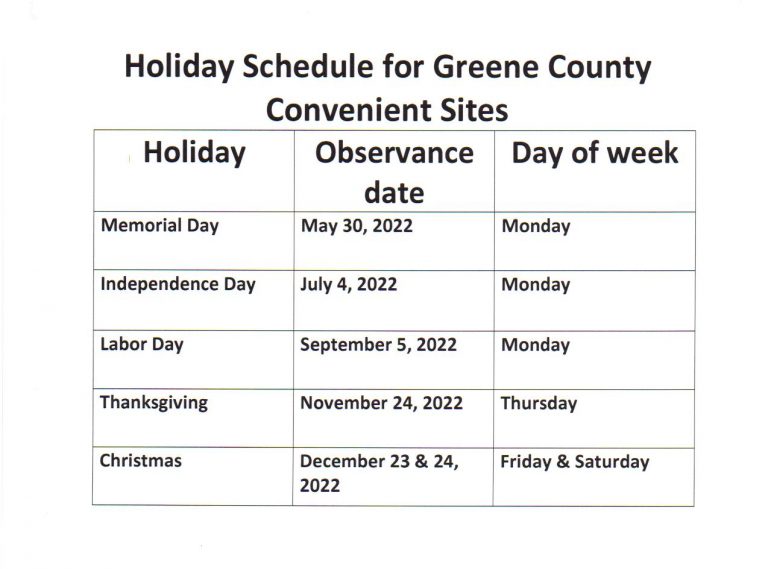2022 Greene County Convenience Sites and Landfill Schedule – Greene