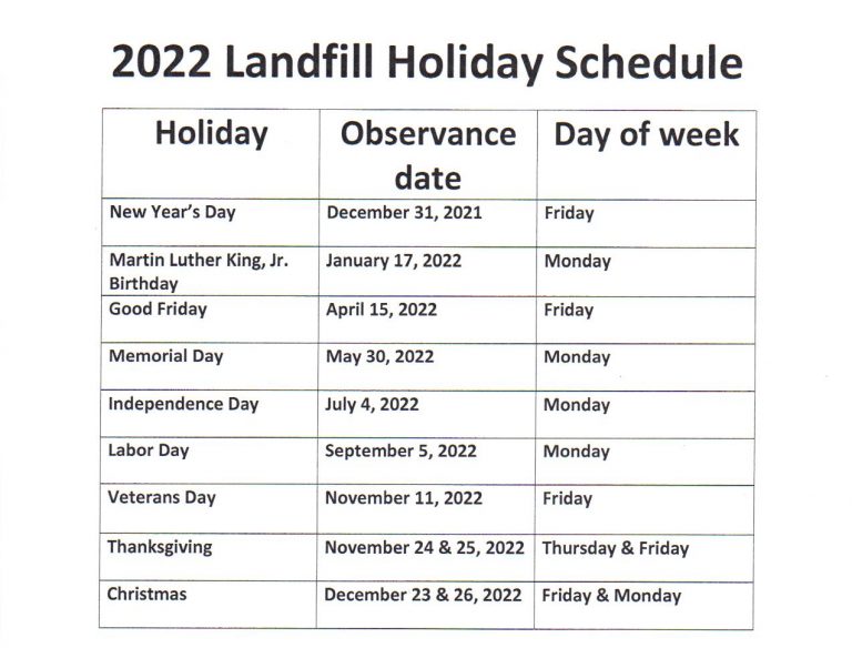 2022 Greene County Convenience Sites and Landfill Schedule – Greene County, North Carolina