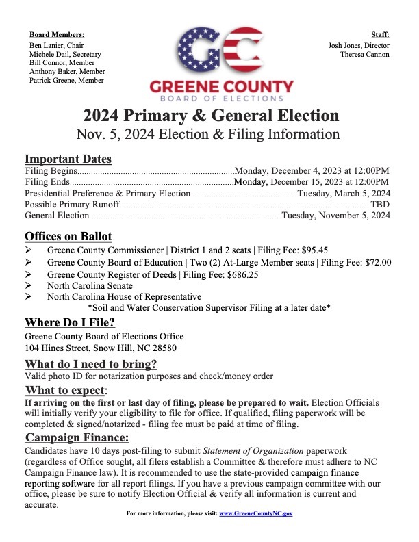 2024 Candidate Filing Information Greene County, North Carolina