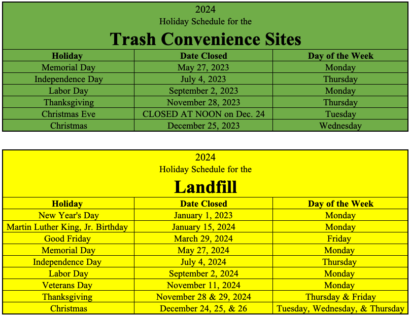 2024 Landfill and Trash Convenience Sites Holiday Schedule Greene